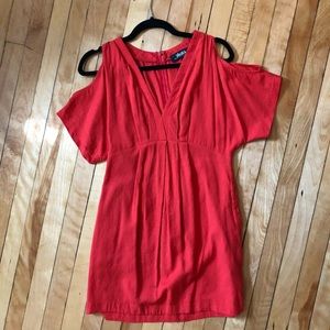 Lulus knee length, red open shoulder dress.